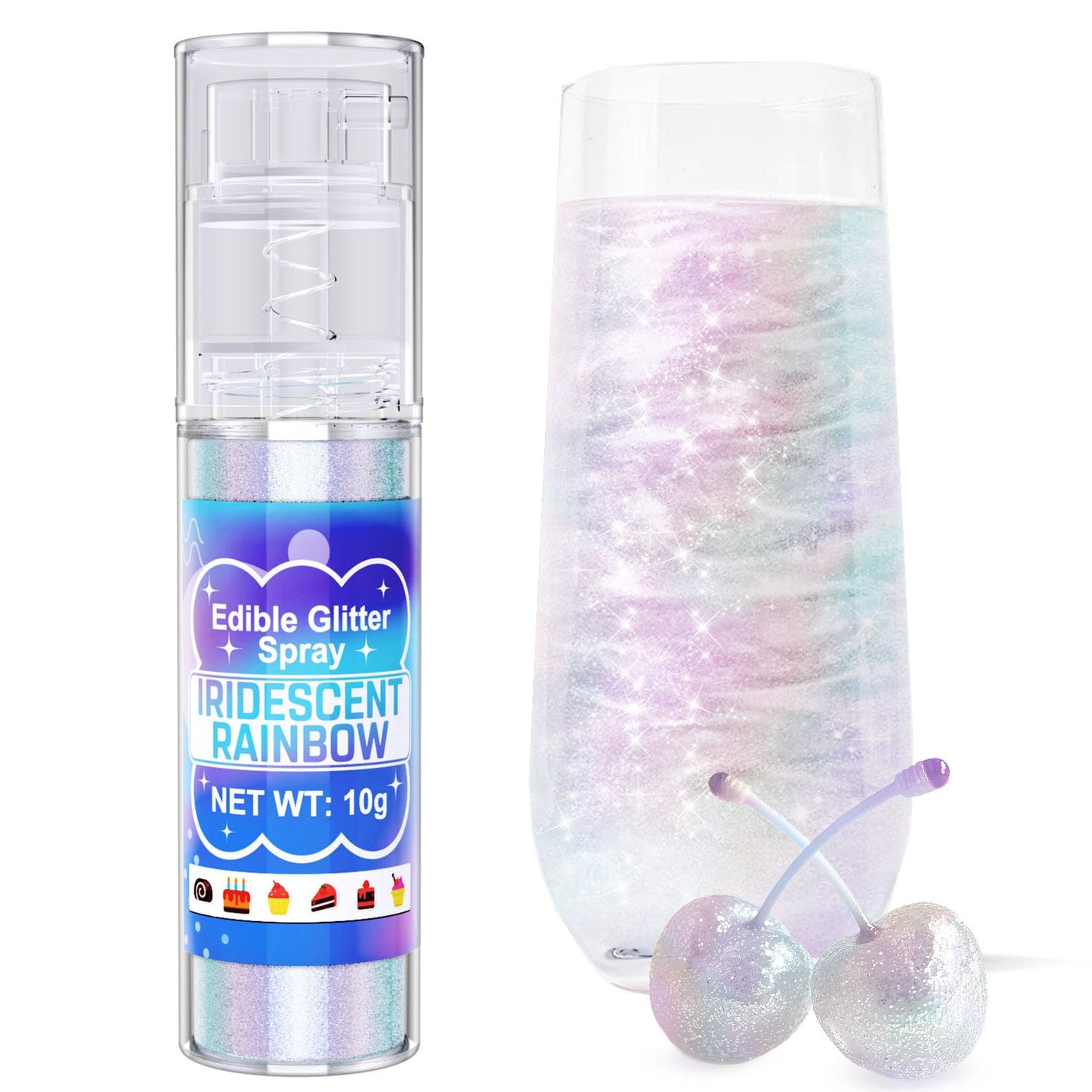 Iridescent Rainbow Edible Glitter Spray - 10G Food Grade Luster Dust Glitter Spray For Drinks  Shimmer Dust Powder For Mixed Flavors  Valentines Cakes  Candy  Cookie  Icing  Chocolate  Strawberry - Vegan