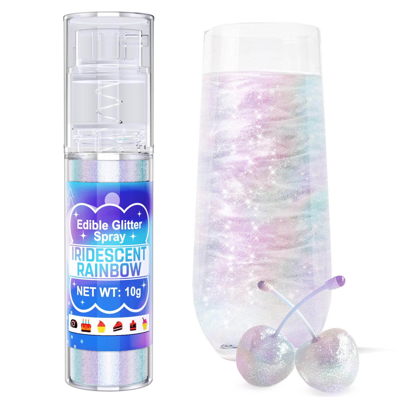 Iridescent Rainbow Edible Glitter Spray - 10G Food Grade Luster Dust Glitter Spray For Drinks  Shimmer Dust Powder For Mixed Flavors  Valentines Cakes  Candy  Cookie  Icing  Chocolate  Strawberry - Vegan