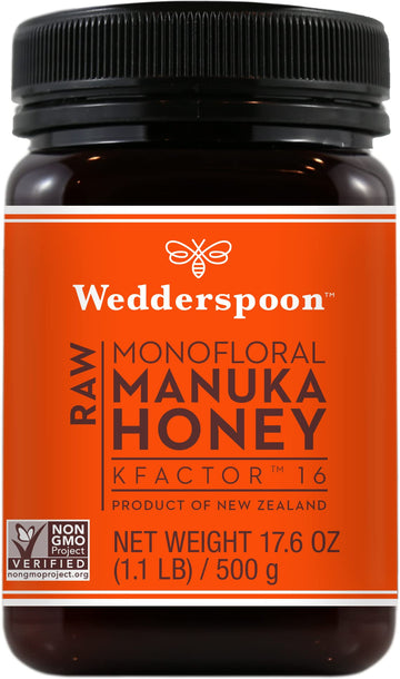 Wedderspoon Raw Premium Manuka Honey, Kfactor 16, 17.6 Oz, Unpasteurized, Genuine New Zealand Honey, Traceable From Our Hives To