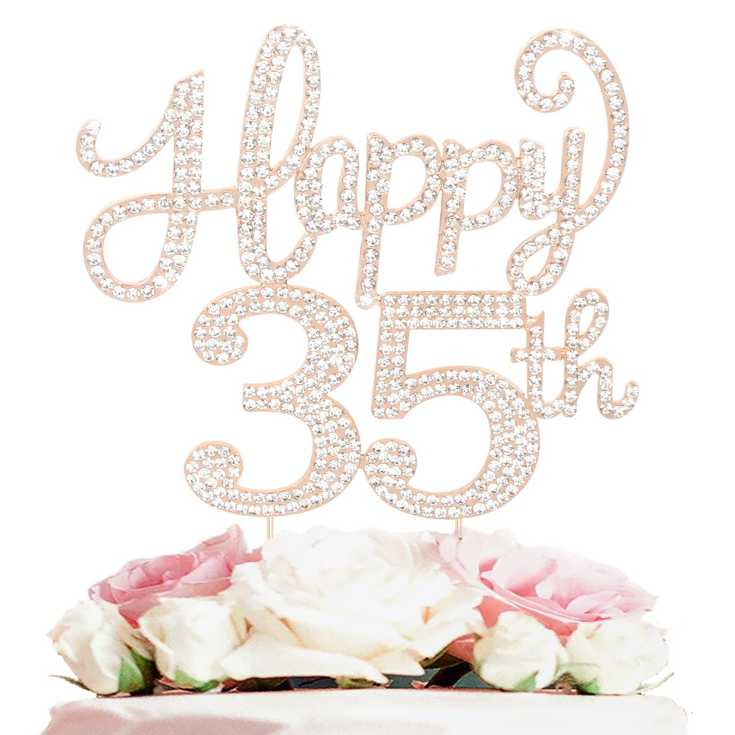 Happy 35Th Birthday Decorations,35Th Birthday Gold Rhinestone Cake Topper - Cheers To 35 Years Old Bday Party Metal Sparkly Cake