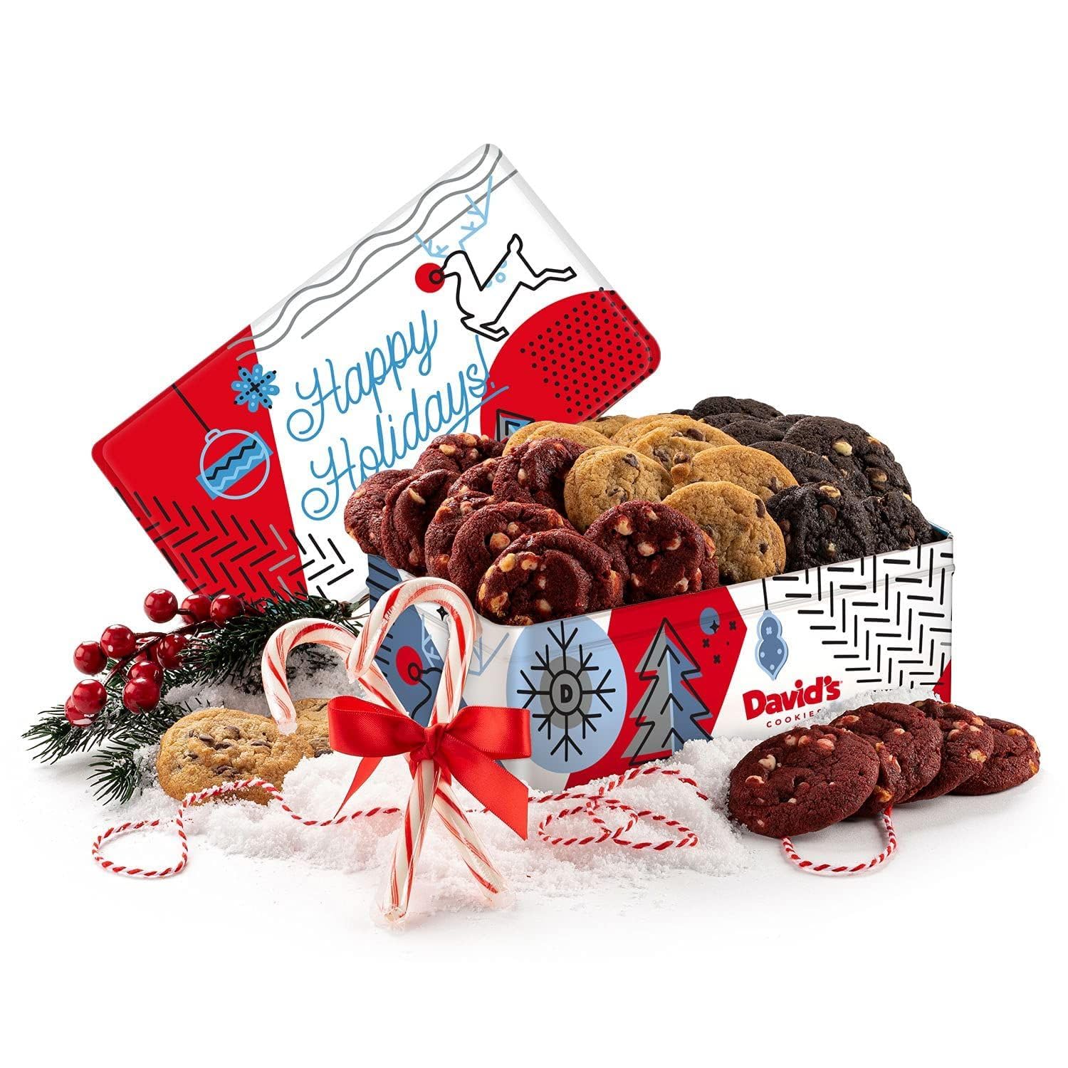 Davids Cookies Christmas Cookies Gift Box - Fresh Baked Assorted Mini Cookies in Winterwonderland Tin with Chocolate Chip, Whit
