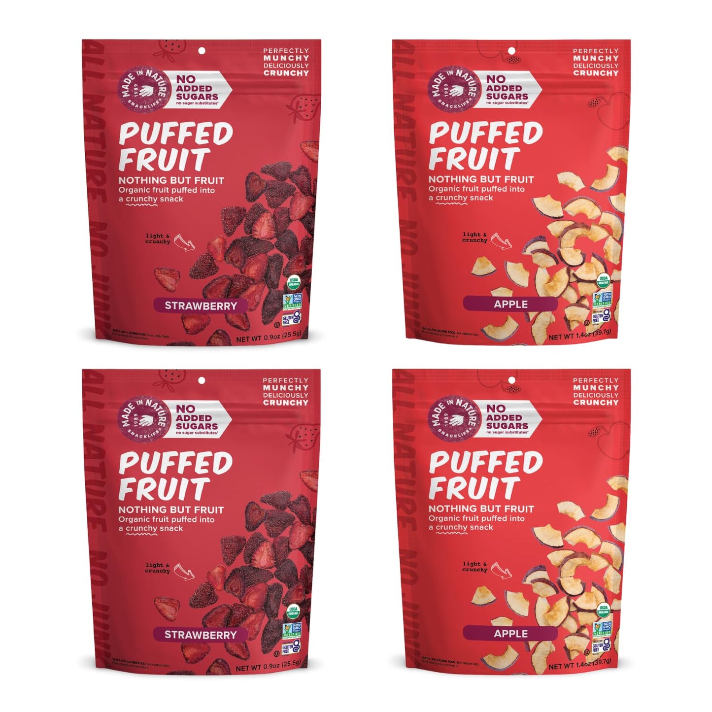 Made In Nature Organic Puffed Fruit, Favorites Pack (Pack of 4) - 2 Strawberry, 2 Apple, Air-Dried & Crispy, No Added Sugar, Glu