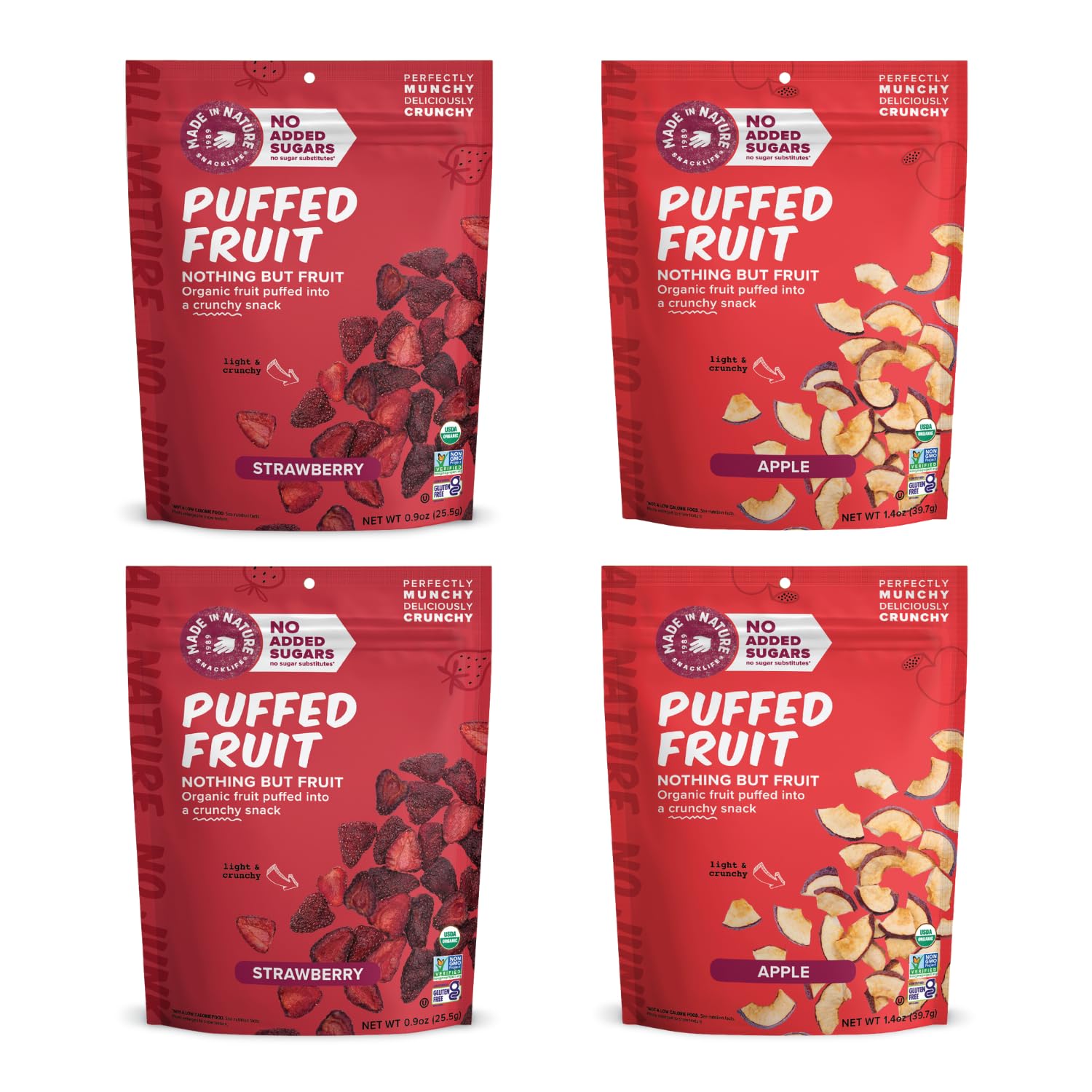 Made In Nature Organic Puffed Fruit, Favorites Pack (Pack of 4) - 2 Strawberry, 2 Apple, Air-Dried & Crispy, No Added Sugar, Glu