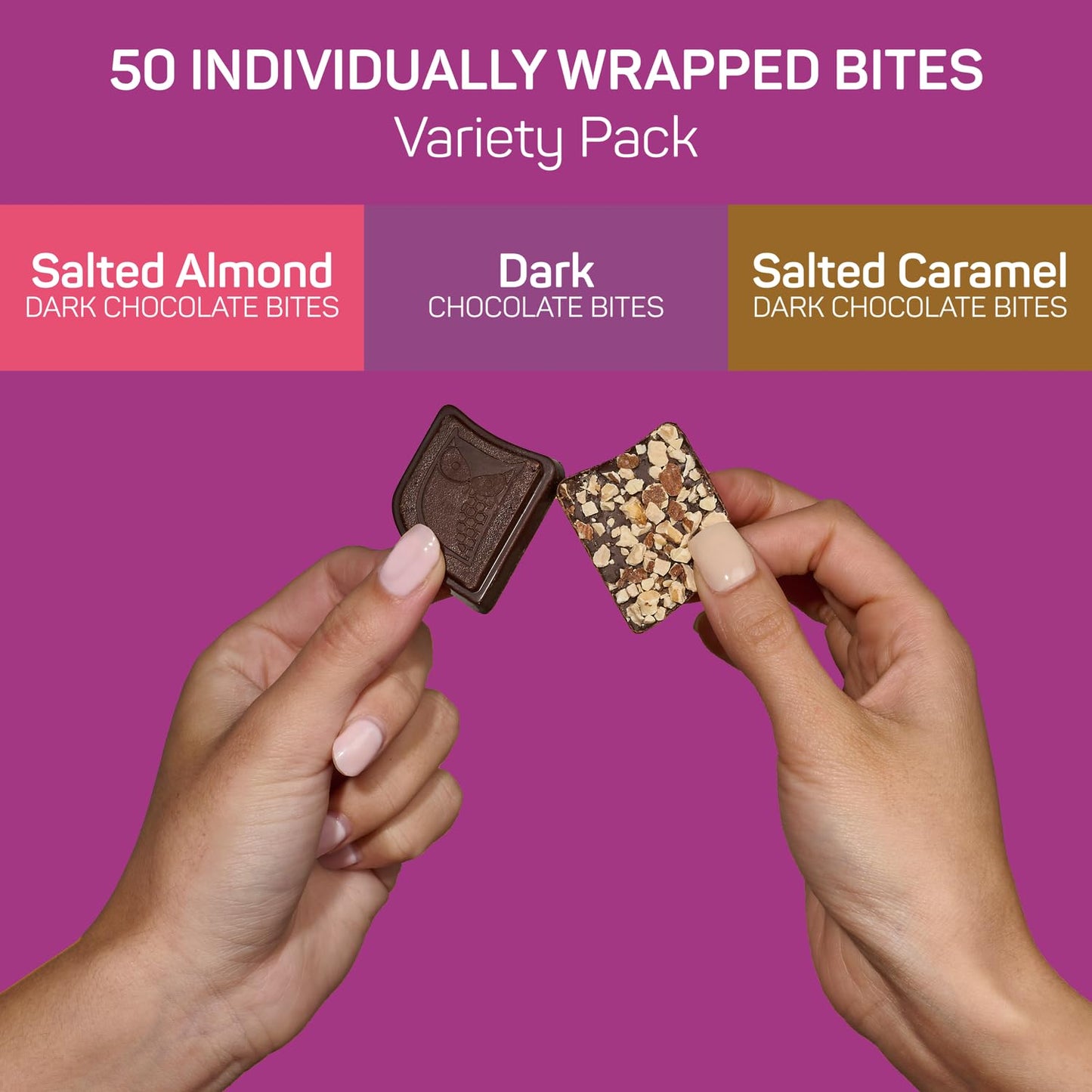 AWAKE - Caffeinated Chocolate Bites - Dark Chocolate Variety Pack (3 Flavors)  50 Bites - Dark  Salted Almond  & Salted Caramel - 50mg Caffeine - Coffee Alternative - Fairtrade  Gluten Free - 0.48oz