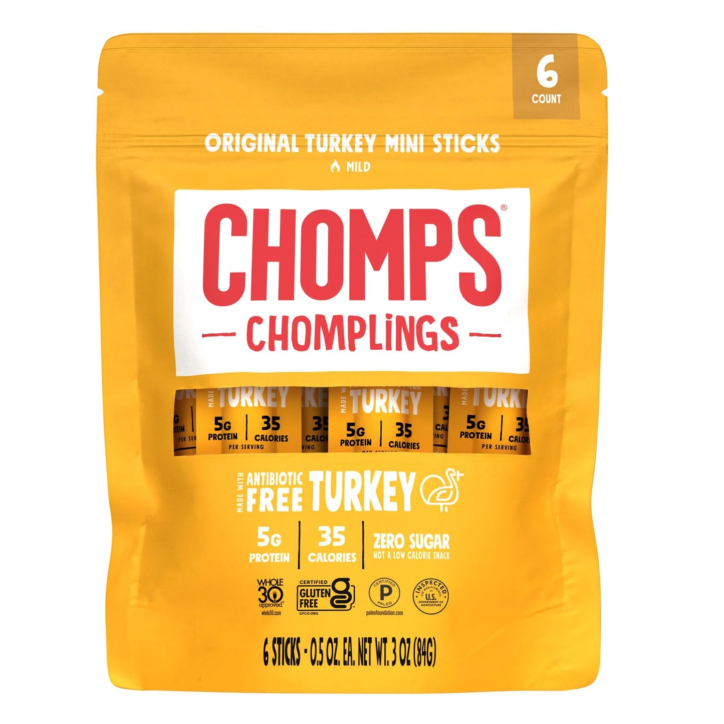 Chomps Turkey Jerky Snack Sticks, Free Range, Original Flavor, 0.5 Ounce (Pack of 6)