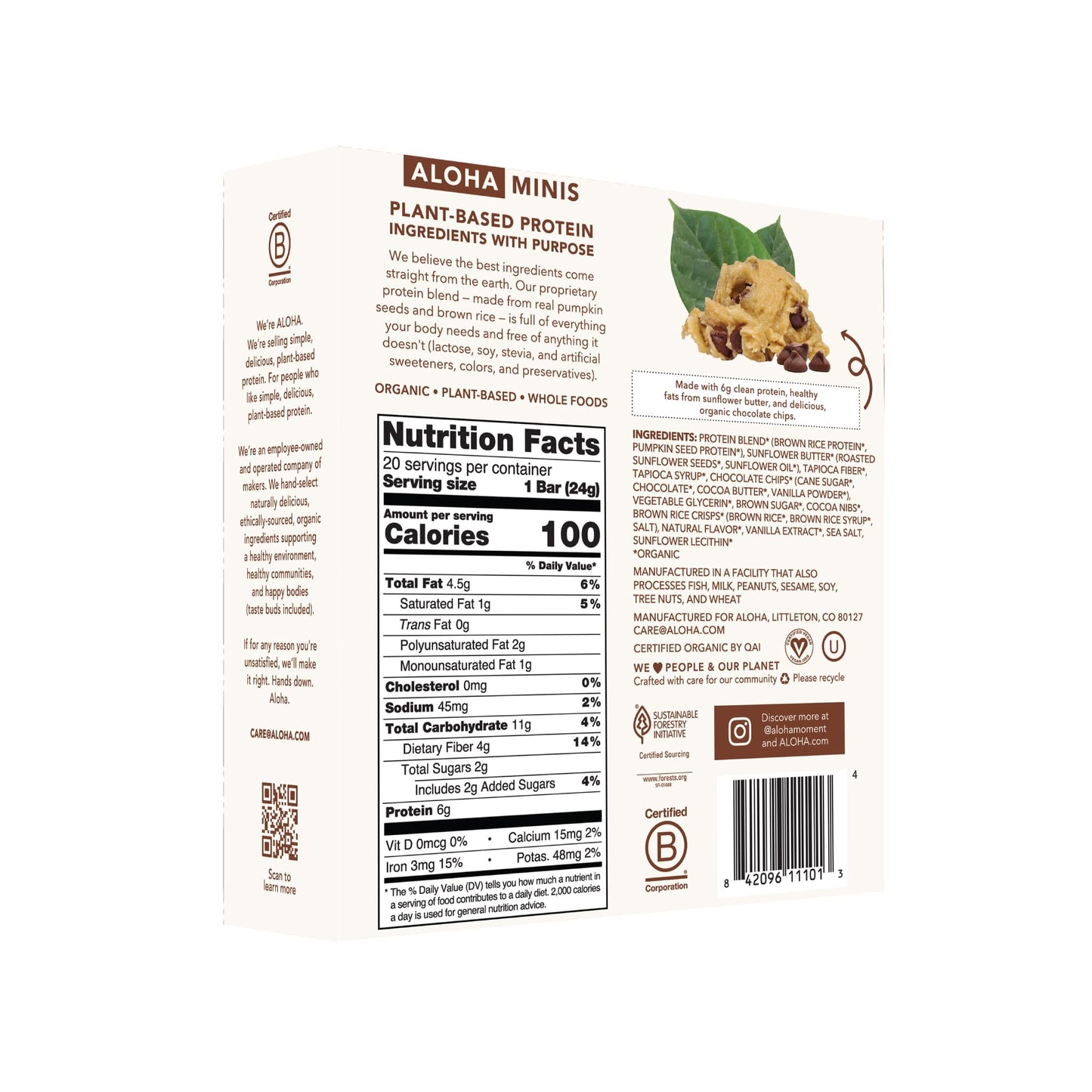 Aloha Organic Plant Based Protein Bar Minis |Chocolate Chip Cookie Dough| 20 Count, 24G Bars | Vegan, Low Sugar, Gluten Free, Pa