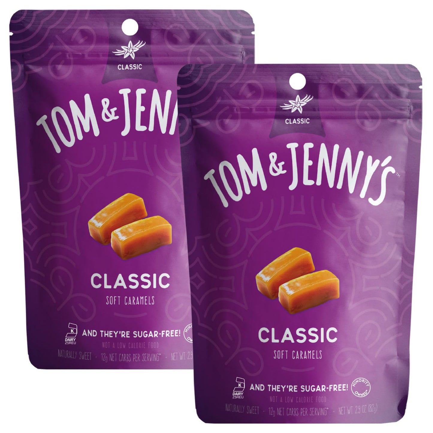 Tom & Jennys Sugar Free Candy (Soft Caramel) With Sea Salt And Vanilla - Low Net Carb Keto Candy - With Allulose And Maltitol - (Classic Caramel, 2-Pack)