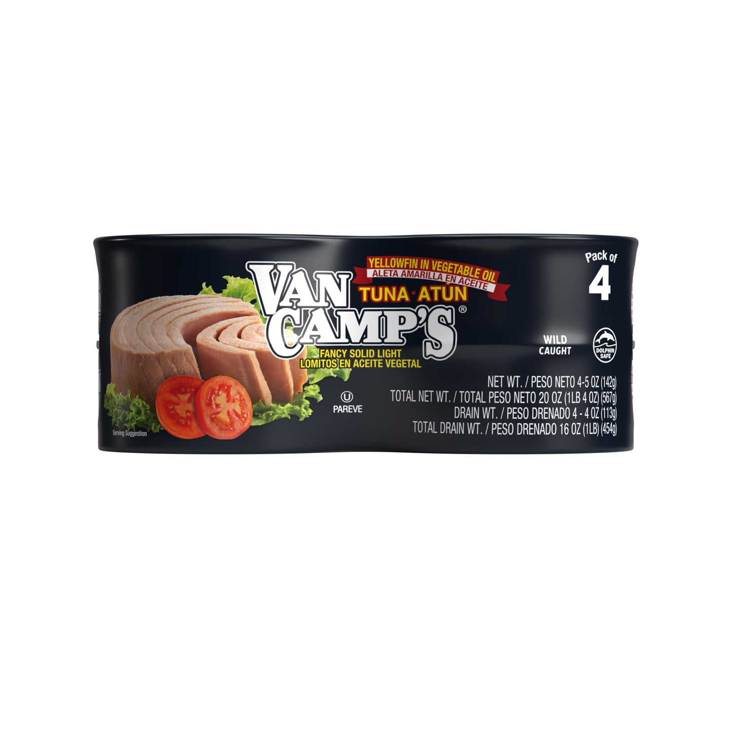 Van Camp'S Seafood Solid Light Yellowfin Tuna In Vegetable Oil, 4-5 Oz. Cans (Pack Of 6), Wild Caught Canned Tuna