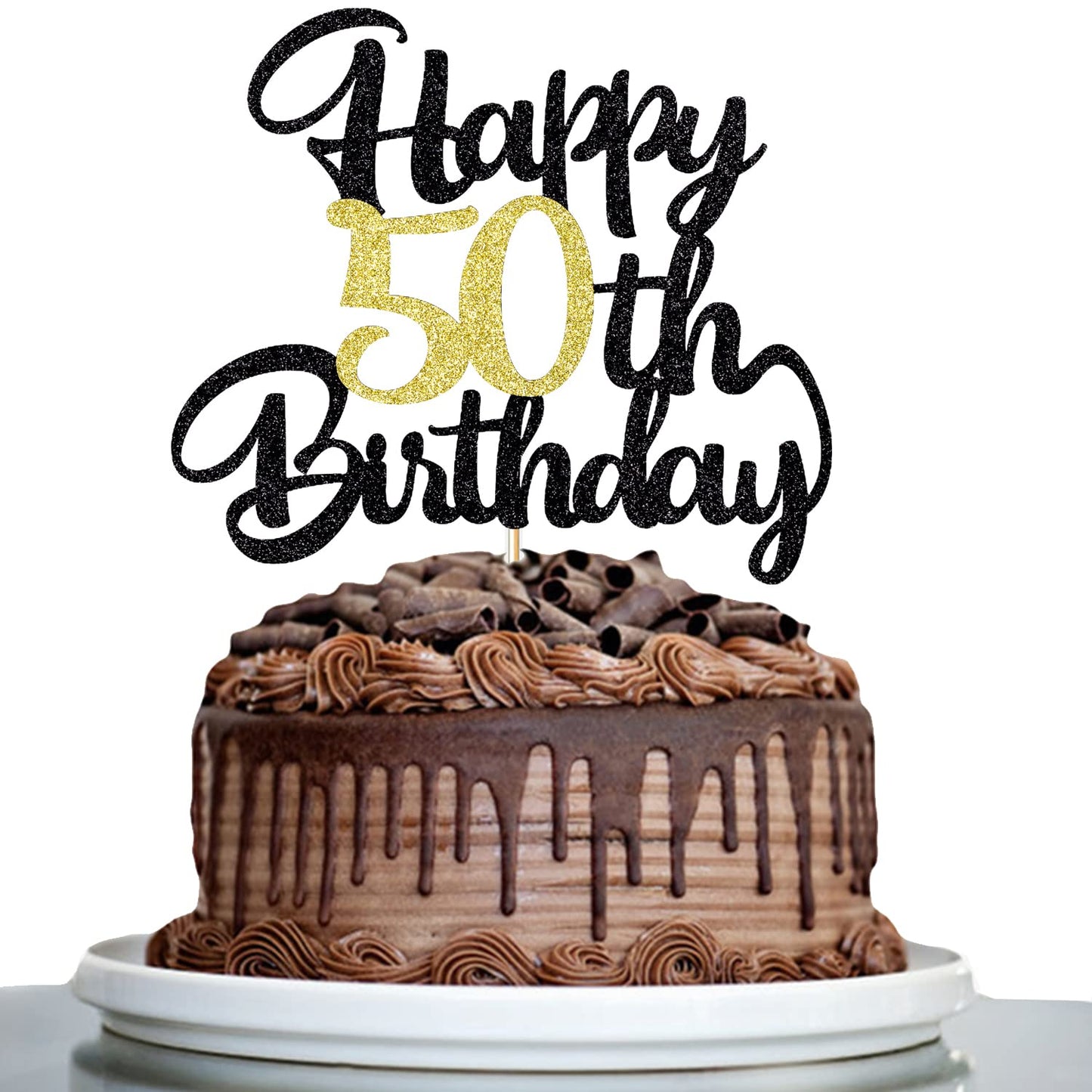 Klionjor 50th Birthday Cake Topper - Black Gold Glitter, Party Decoration, Photo Props