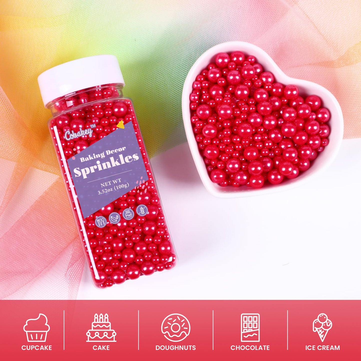 Cobakey Christmas Red Sprinkles for Cake Decorations 3.52 ounce Edible Pearl Sugar Sprinkles for Cupcake Toppers Wedding Party V