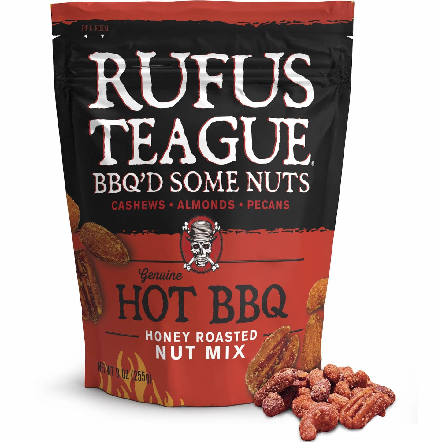 Rufus Teague Hot BBQ Honey Roasted Nuts Mix, Sweet & Spicy Almonds, Cashews & Pecans, 9 oz Resealable Pouch (No Peanuts)