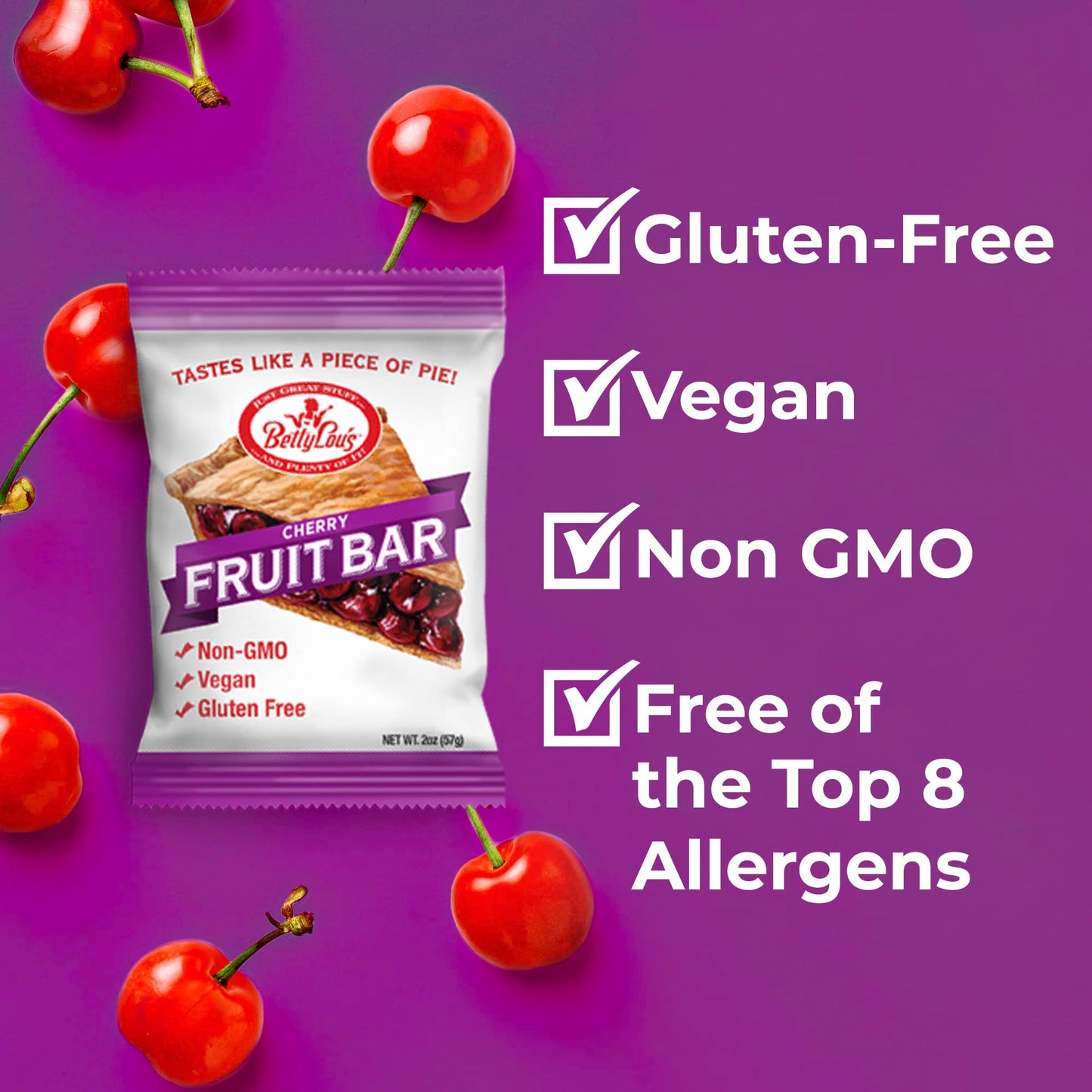 Betty Lous Fruit Bars, Cherry Pack of 12, Gluten Free, Vegan, Non GMO, Deliciously Healthy Snacks Made with All Natural Fruit J