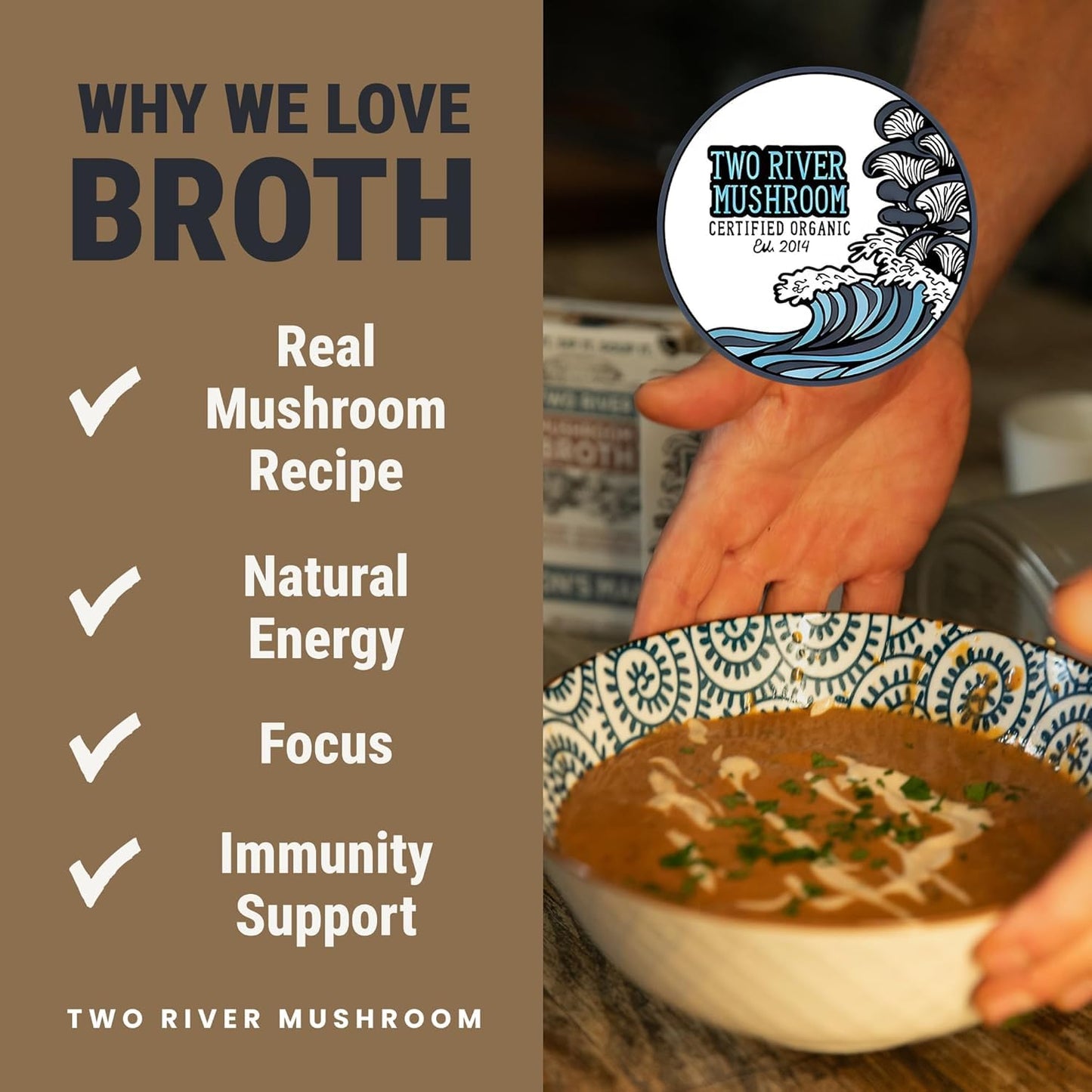 Two River Lions Mane Mushroom Broth made with organic Lions Mane and Shiitake Mushrooms, vegan plus adaptogens, perfect for si