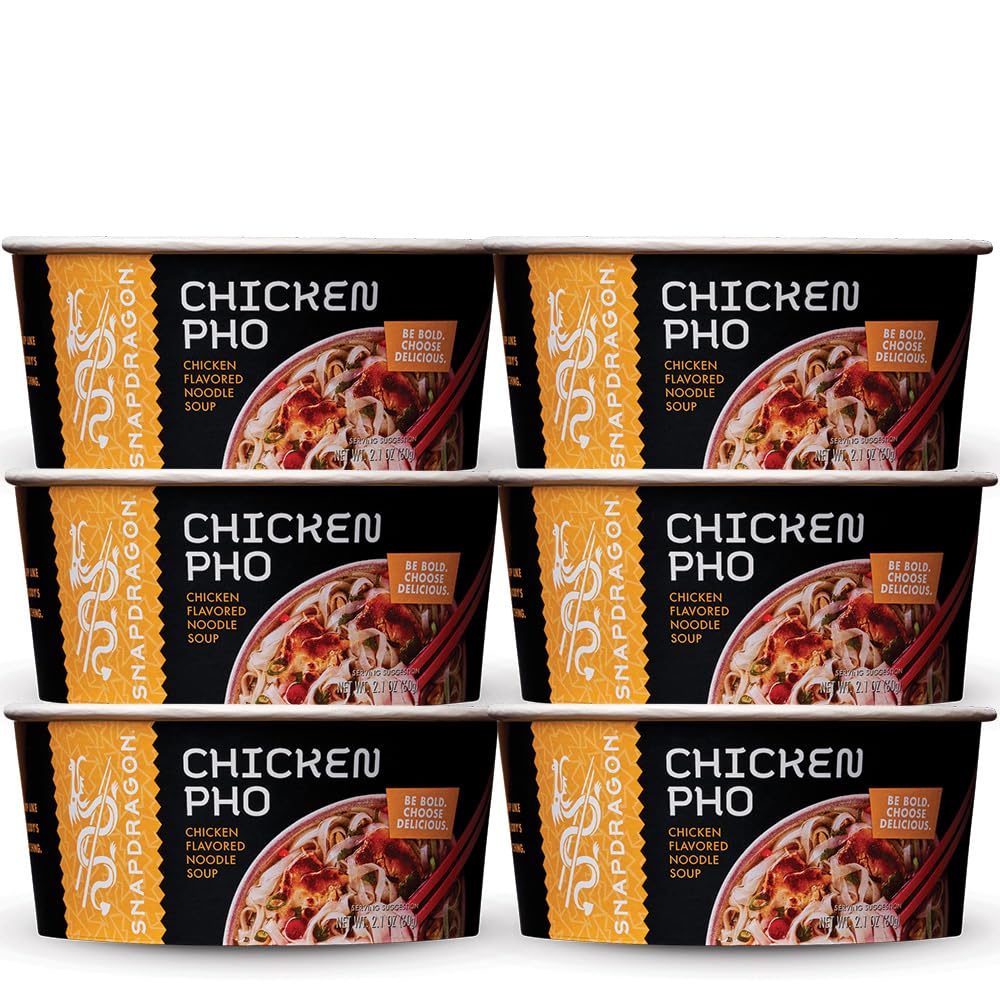 Snapdragon Chicken Pho Instant Noodle Bowl Six Pack, Rich Chicken Flavored Broth with Rice Noodles, Gluten Free, No Artificial F