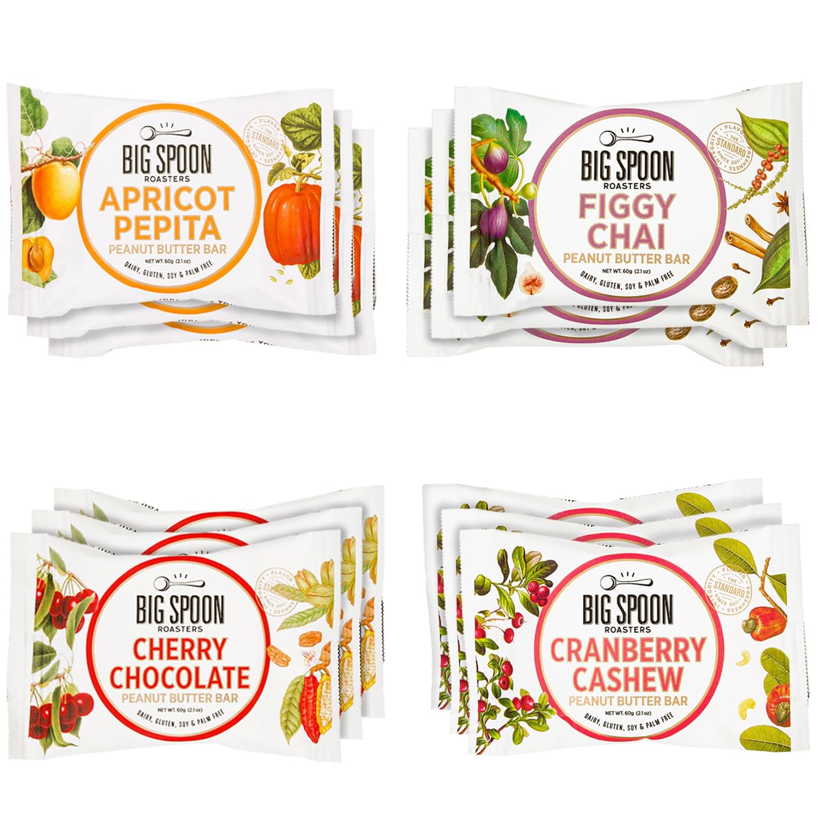 Big Spoon Roasters Nut Butter Bars Pack Cherry Pecan, Apricot Pepita, Cranberry Cashew & Figgy Chai High Protein Bars Variety Pa