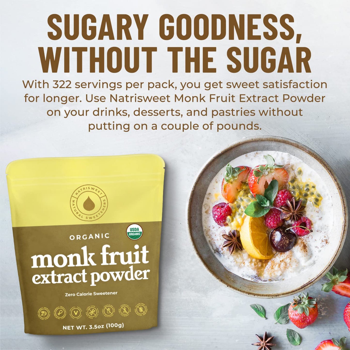 Natrisweet Organic Monk Fruit Extract, 3.5 Oz, Pure Monk Fruit Sweetener Organic With No Erythritol, No Fillers, Zero Calories,