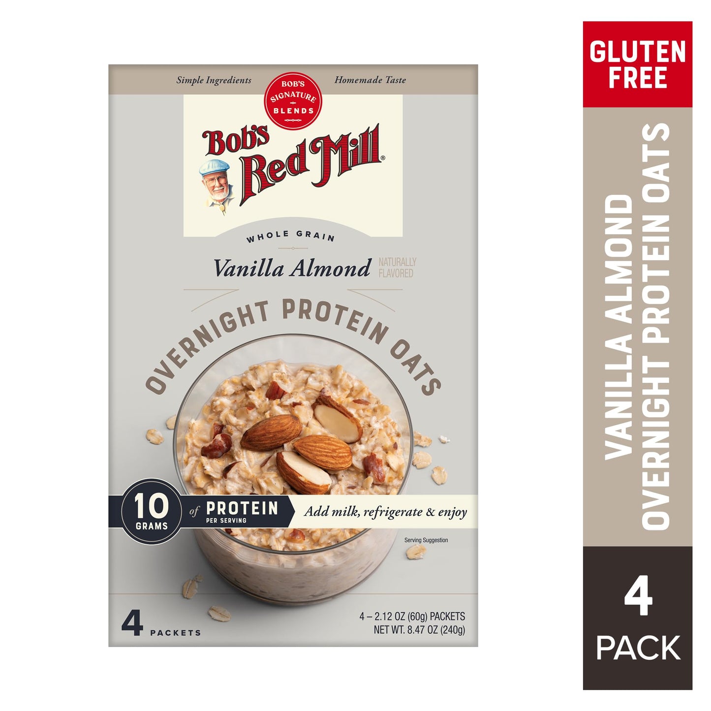 Bob s Red Mill Overnight Protein Oat, Vanilla Almond, 16 Packets Total (4 Boxes/4 Packets per Box), Non-GMO, Gluten Free, Whole