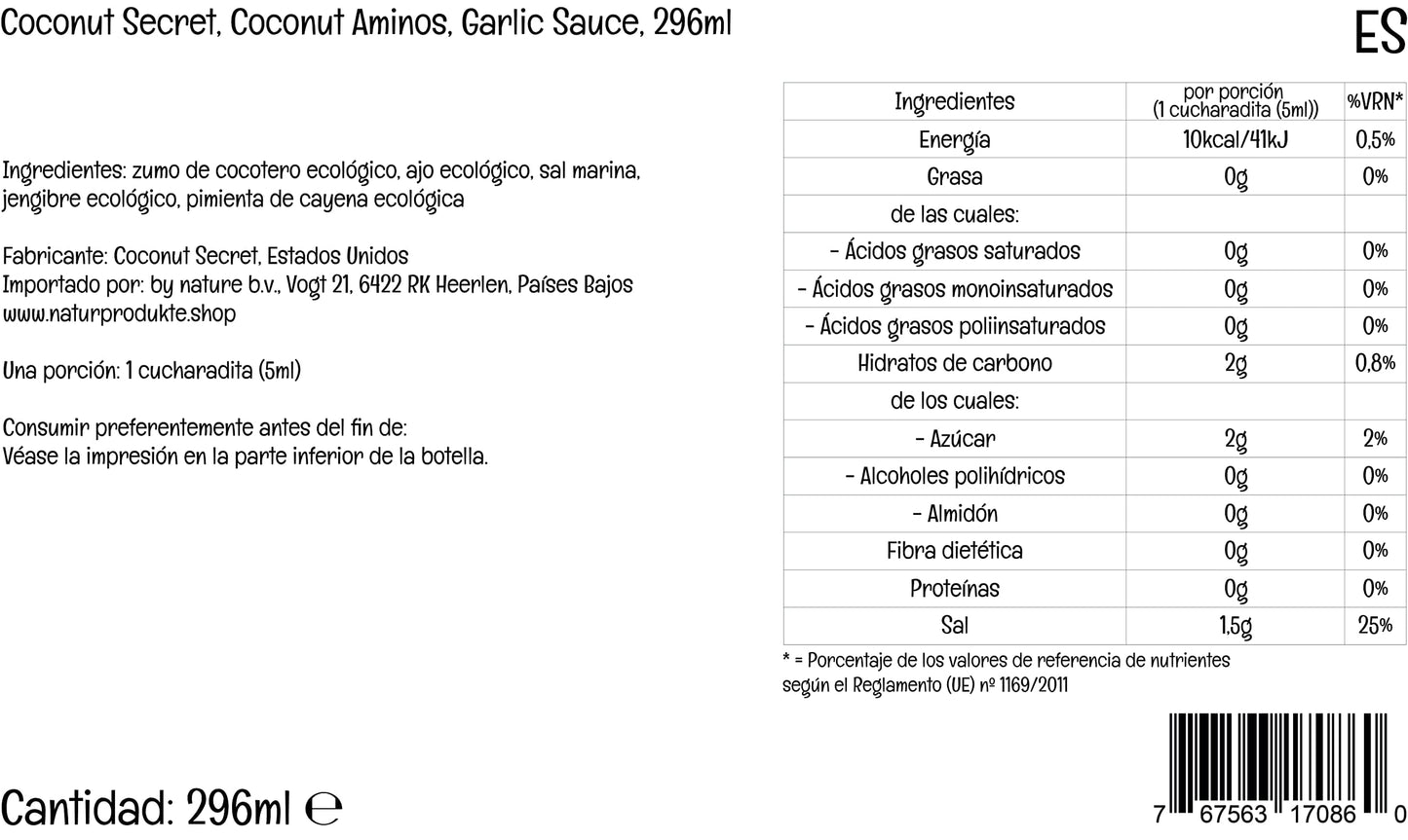 COCONUT SECRET Aminos Garlic Sauce, Low Sodium Soy & Glycemic, Gluten Free, Organic, Vegan, Non-GMO - 60 Total Servings, 10 Fl O