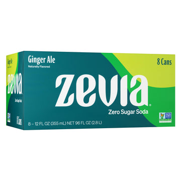 Zevia Zero Sugar Ginger Ale Soda, 12 Fl Oz Cans, 8-Pack, Non-GMO, Gluten-Free, Vegan