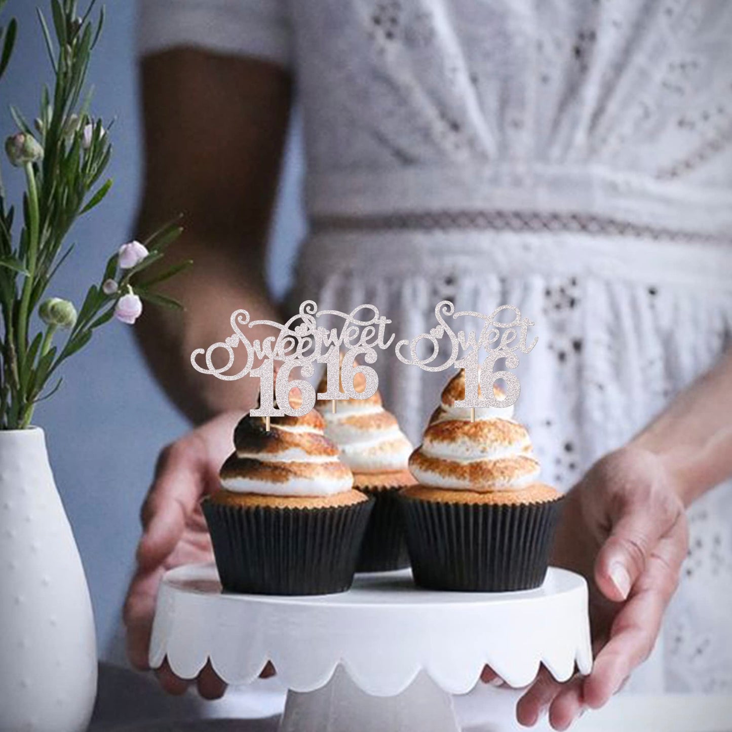 Rssta i Cupcake Toppers, 30 Pack Glitter Love Heart for 16th Birthday, Silver, Model XM201