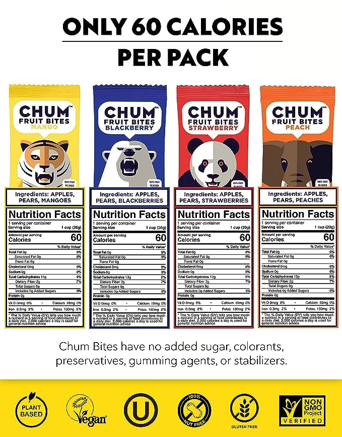 CHUM Fruit Bites 100% Real Fruit Snacks, Variety Pack of 40, Non-GMO, No Added Sugar, Nut-Free, Gluten-Free, Vegan, Paleo