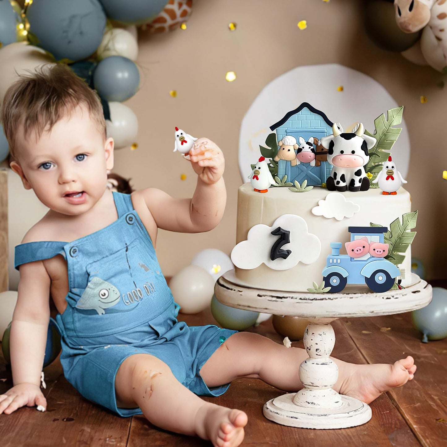 6 Pcs Farm Cake Toppers, Cartoon Animal Cake Topper Decorations For Birthday Party Baby Shower Decor (Blue)