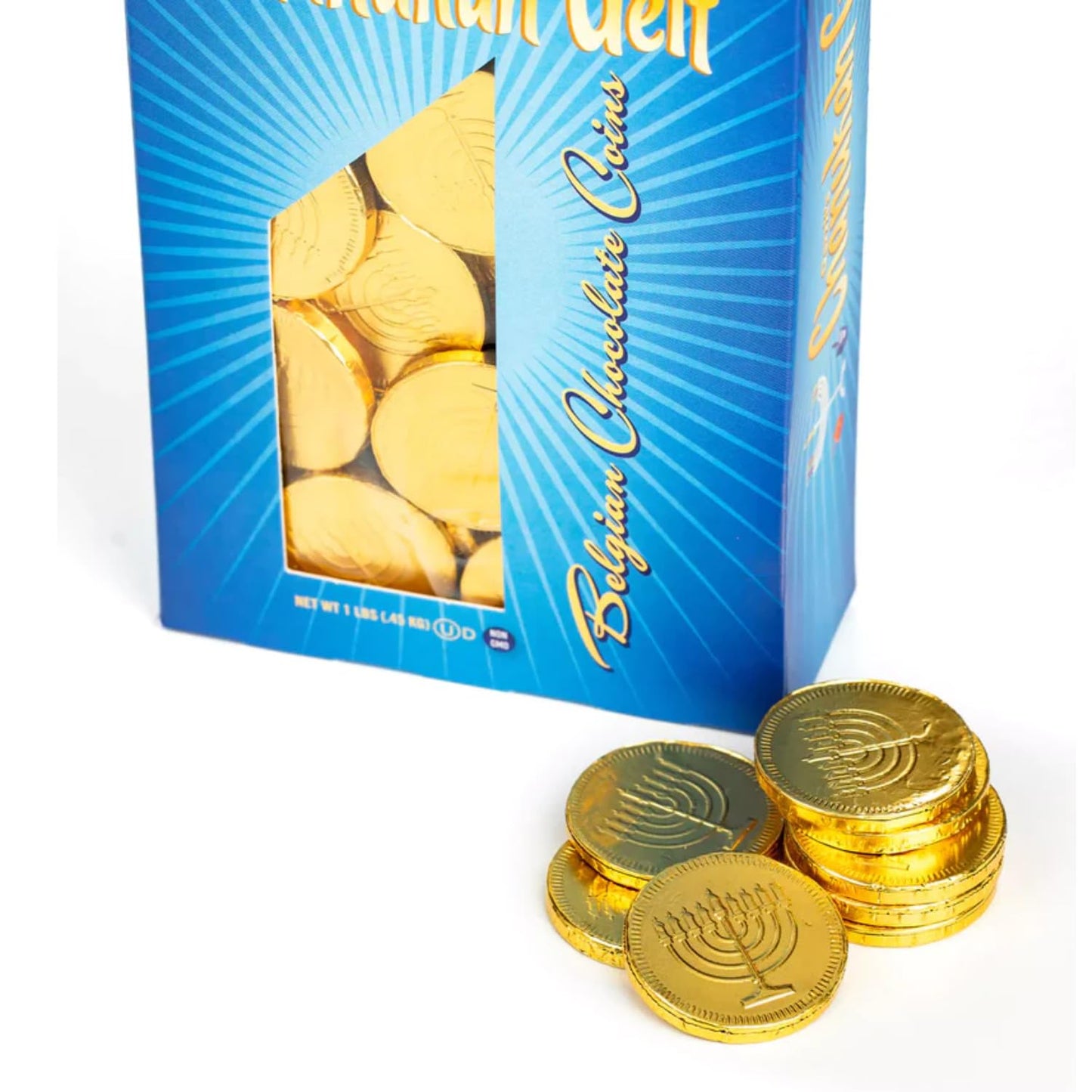 LYZAS SWEETS &   Chanukkah Gelt - Belgium Milk Chocolate Gold Coins Candy, 1 LB (90 ct)