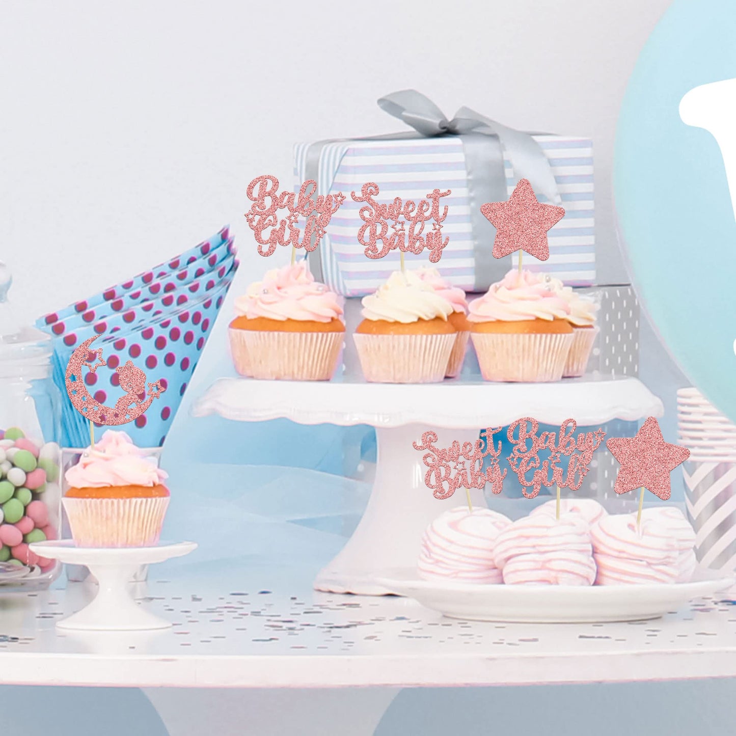 Gyufise 24Pcs Rose Gold Baby Girl Cupcake Toppers Glitter Star Moon Baby Shower Gender Reveal Cupcake Picks Baby Shower Kids Gir