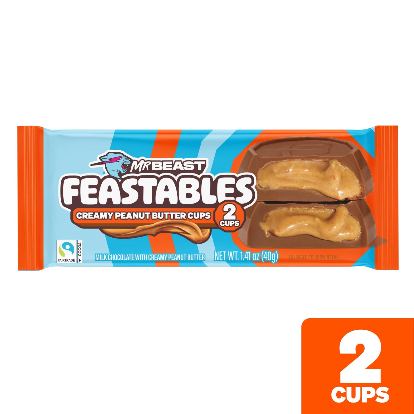 Feastables Mrbeast Peanut Butter Cups, Milk Chocolate & Creamy Peanut Butter Filling, Cups For Mature-Themeds & Kids, Chocolate Candy For Snacks, Gifts, Or Dessert, Made With Fairtrade Cocoa, 2 Pack, 24 Count