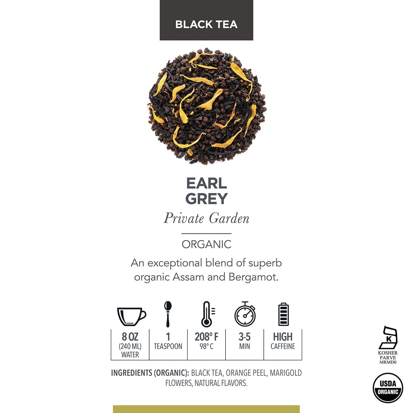 Teabloom Organic Black Tea, Earl Grey Private Garden Loose Leaf Tea, Classic Assam Whole Leaf Blend, Usda Certified Organic, Kos