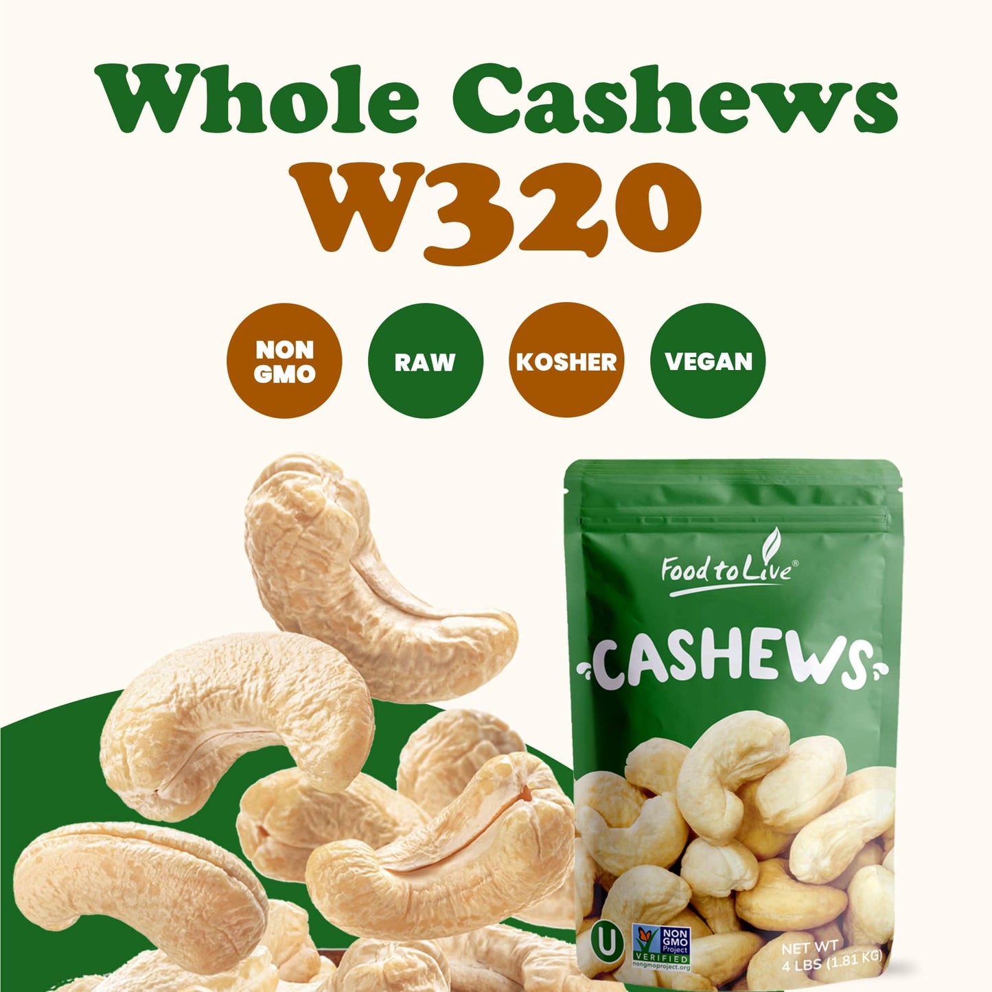 Food To Live - Raw Cashews, 4 Pounds Deluxe Whole Nuts, Unsalted, Unroasted Fancy Snack, Size W-320, Kosher, Vegan, Bulk, A Good Source Of Magnesium, Phosphorus, Manganese & Copper
