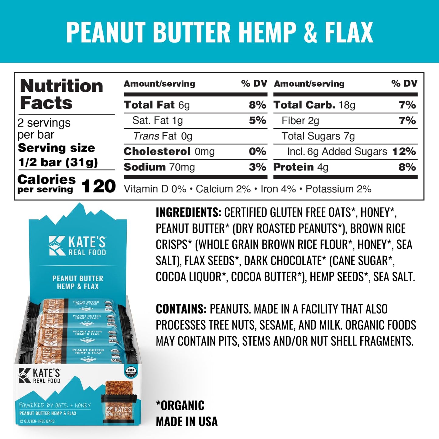Kates Real Food Organic Granola Bars - Peanut Butter Hemp & Flax (2.2 oz  Pack of 12) - Organic Energy Bars Made with Gluten Free Oats - Non GMO  Soy Free  Whole Grains  and All Natural - Healthy Snacks