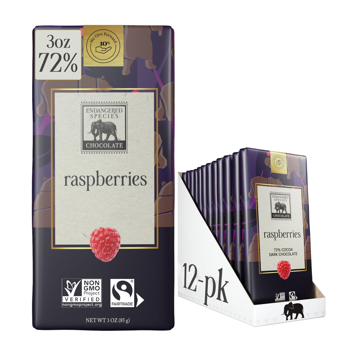 Endangered Species Chocolate Grizzly Natural Dark Chocolate 72% with Raspberries, 3 Ounce Bars, Pack of 12