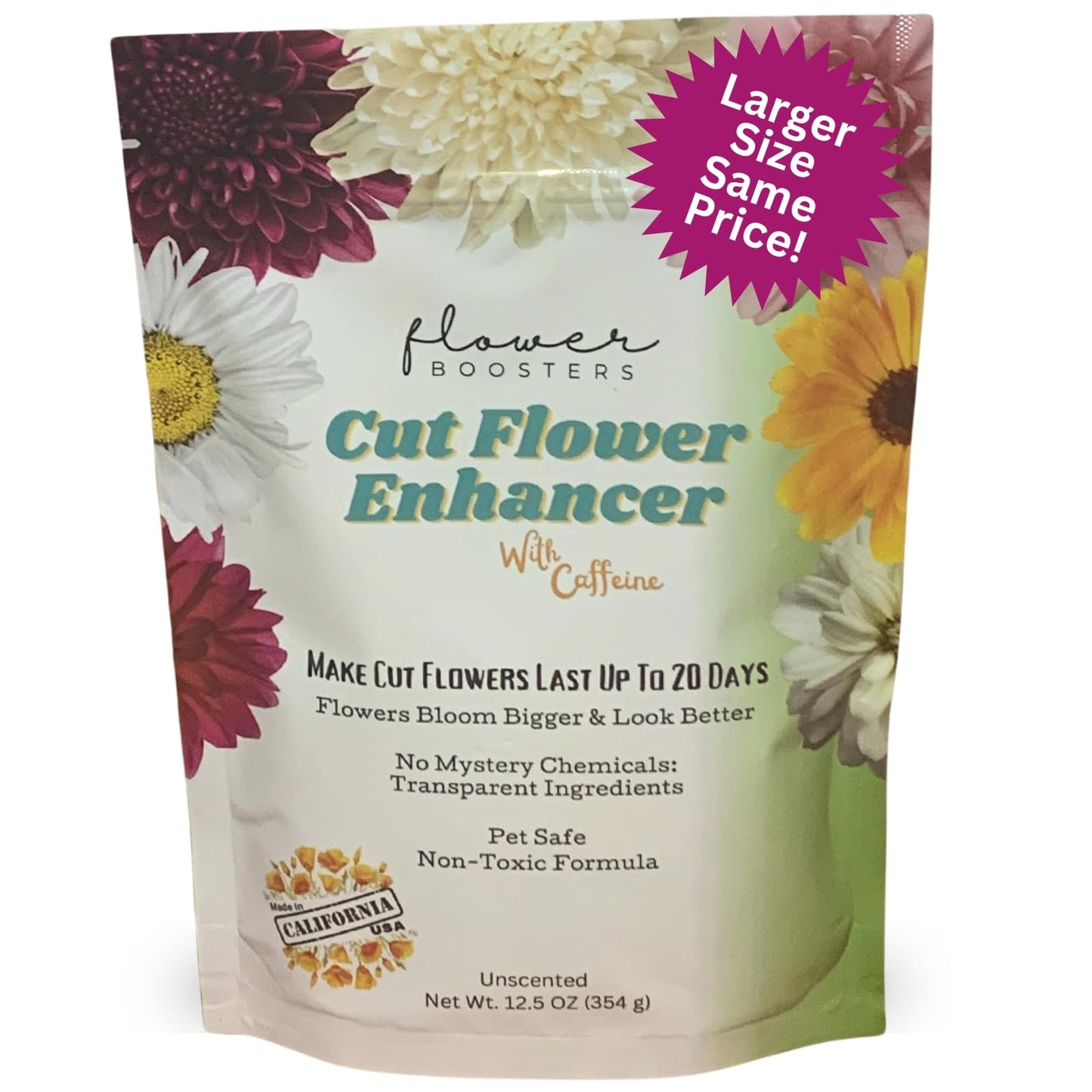 Flower Boosters Cut Flower Food – Biodegradable, Real-Food-Based Formula Safe Around Pets & People, Extends Fresh Flower Vase Life Up To 20 Days (12.5 Oz)