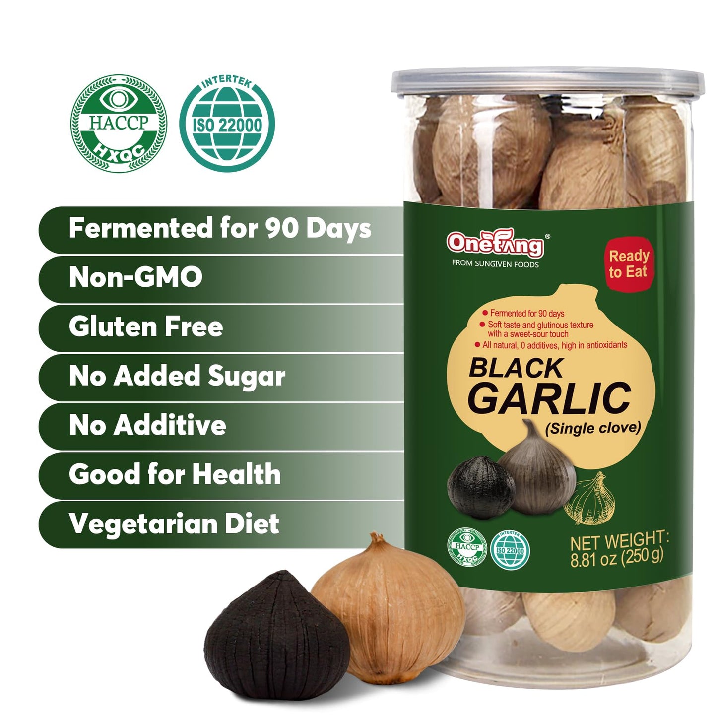 Onetang Black Garlic 250G, Whole Black Garlic Fermented For 90 Days, 0 Additives, High In Antioxidants 8.81 Oz(Pack Of 2)