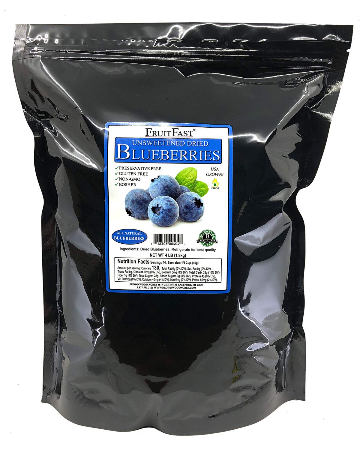 FruitFast Unsweetened Dried Blueberries - Non-GMO, Gluten Free, Kosher - 4 Pound Bag