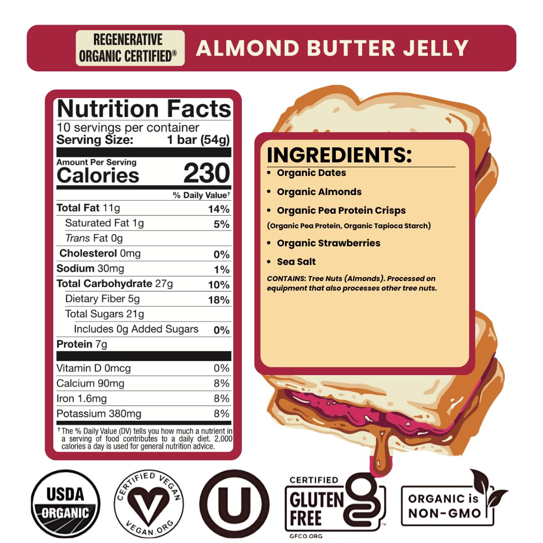 Bearded Brothers Organic Vegan Protein Energy Bars, Almond Butter Jelly, Gluten Free, Paleo, 10 Pack
