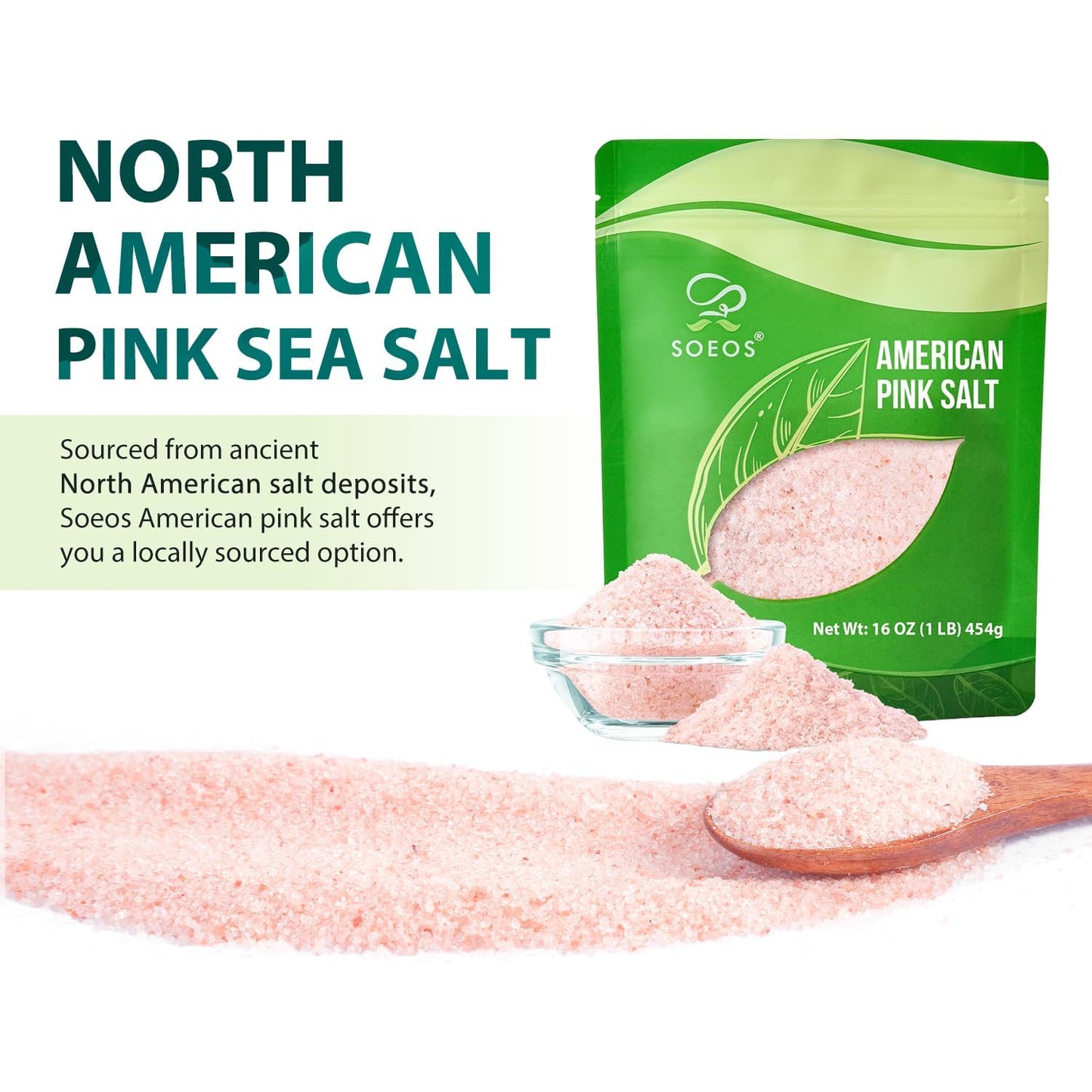 Soeos Fine Grain American Pink Salt, 16oz (453g), Sea Salt, Curing Salt