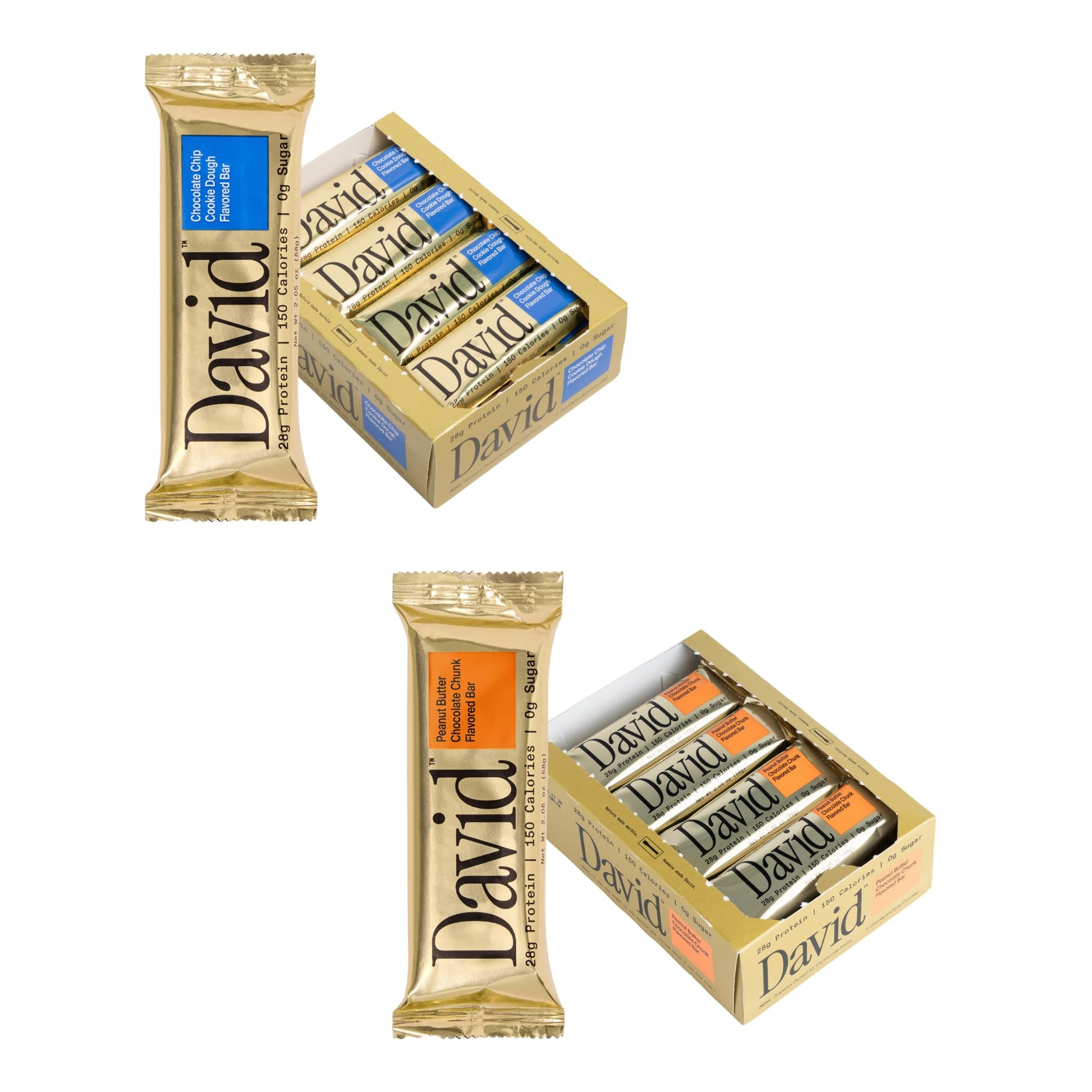 David Protein Bar  Chocolate Chip Cookie Dough and Peanut Butter Chocolate Chunk  24 Protein Bars | 28g of Protein | 150 Calories | 0g of Sugar - High Protein  Low Carb  Gluten Free Protein Bar  Pack of 24