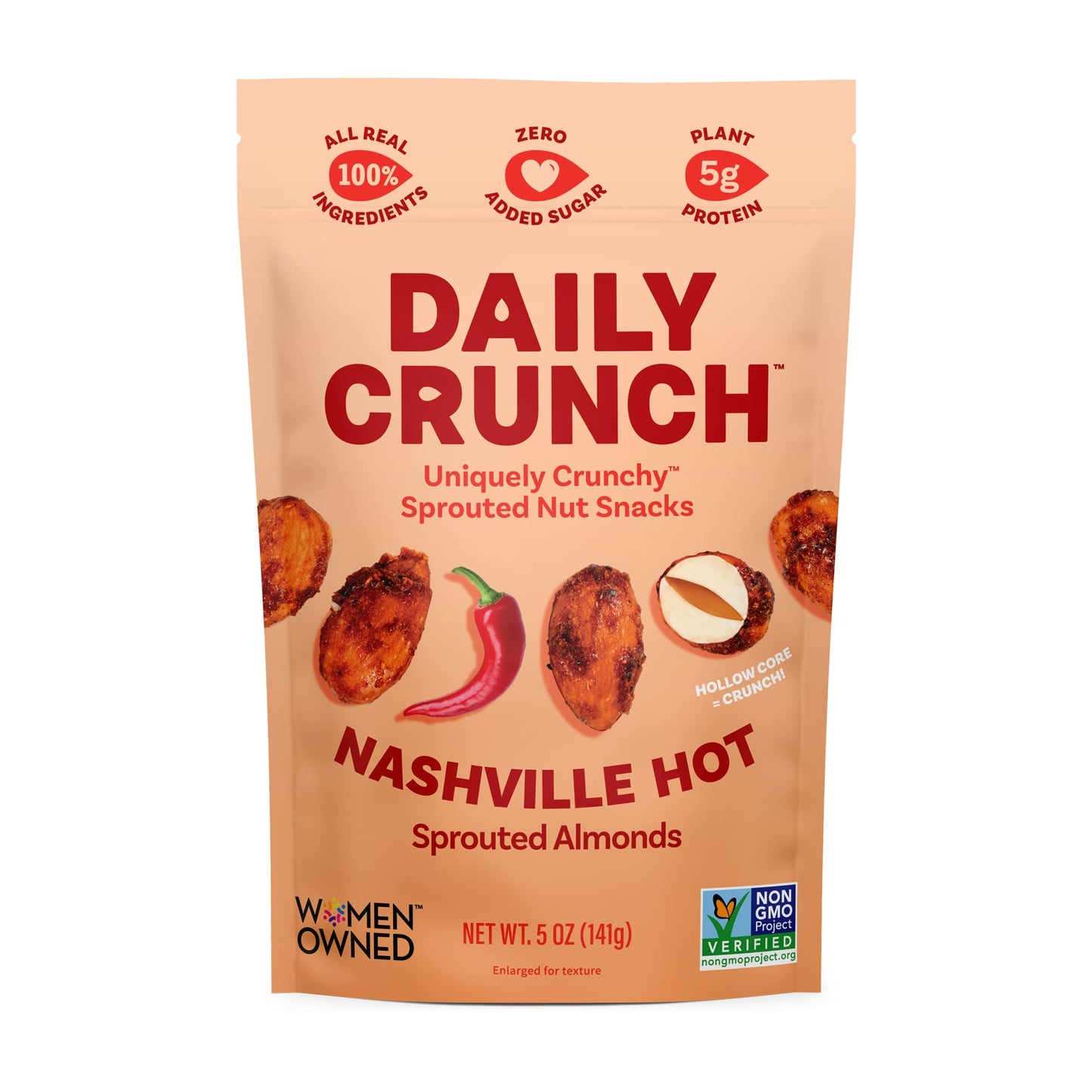 Daily Crunch Sprouted Almonds, Nashville Hot, Keto Friendly, 5 Ounce Resealable Bag, Non-GMO, Salt Free, Vegan Snack