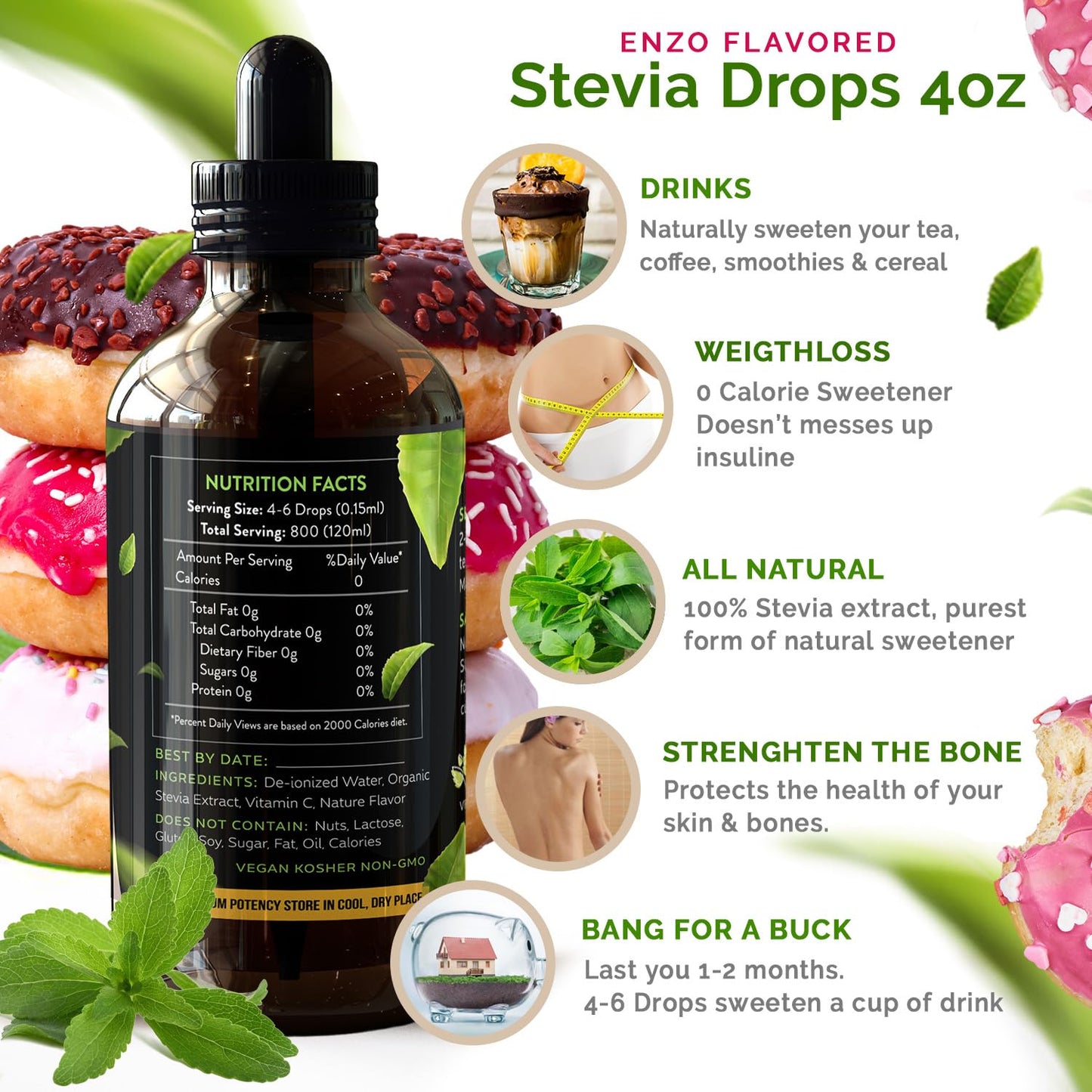Rose Glazed Donut (4Oz) Liquid Stevia Drops Bottle Our Zero Calories Sweetener (800 Servings) All Natural Hazelnut Flavoring Wit