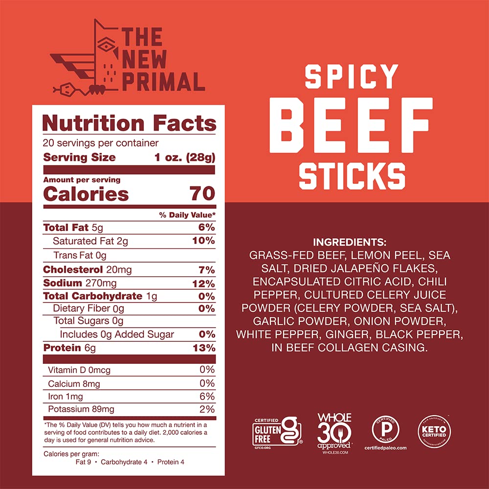 The New Primal Spicy Beef Stick - 100% Grass Fed Beef - Whole30 Approved, Certified Paleo, Keto, And Gluten-Free Meat Snack With