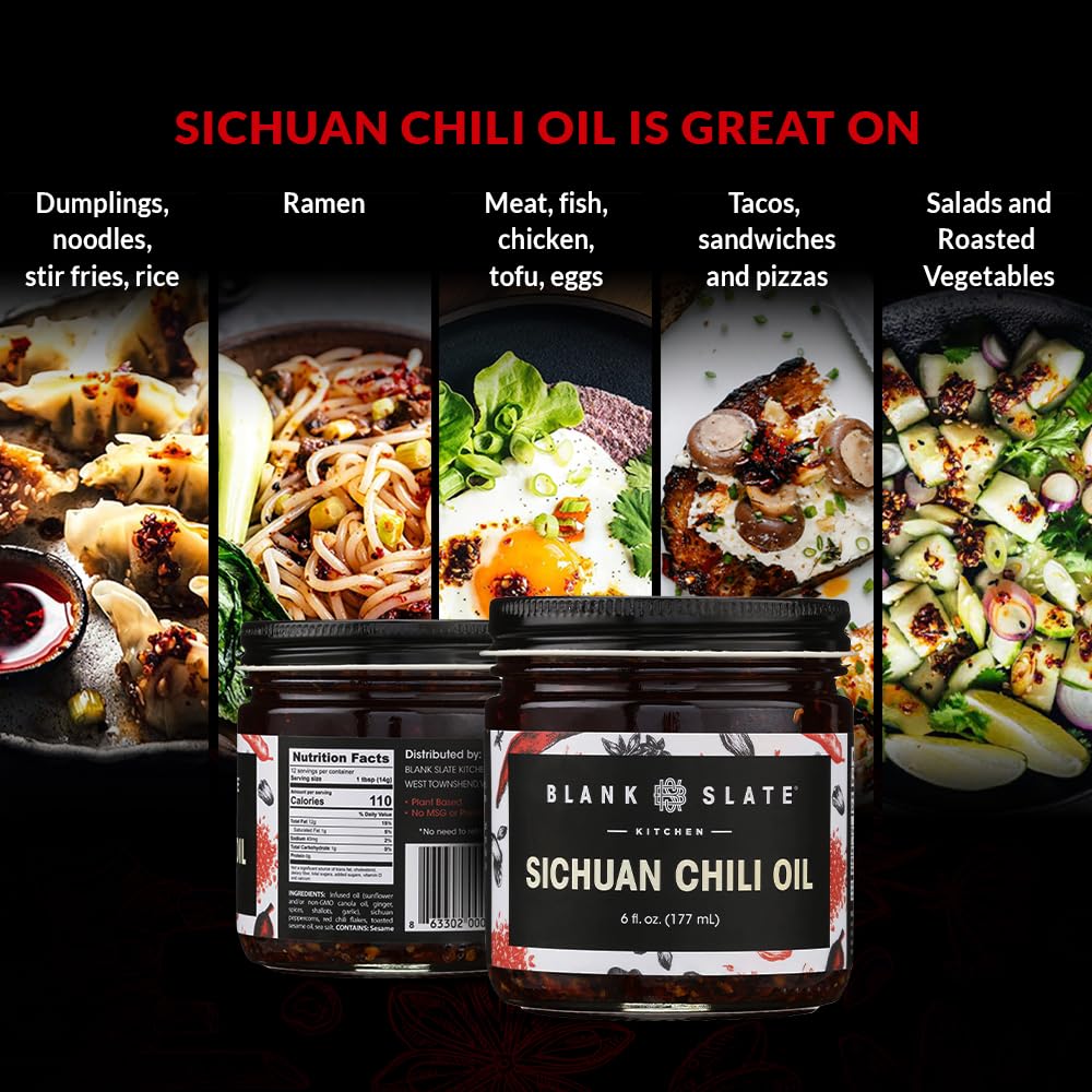 Blank Slate Kitchen Sichuan Chili Oil (6 Oz) | Gourmet Spicy Tingly Numbing Umami Hot Sauce | Authentic Chinese Mala | Vegan, Gluten-Free, Sugar-Free, Non-Gmo, No Msg