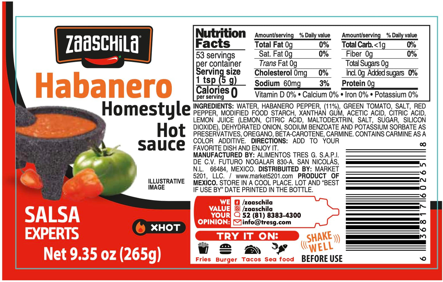 Zaaschila Mexican Sauce Guacamole-Habanero, Habanero, Brava 9.35oz (265g) 3pc pack (Packaging may vary)