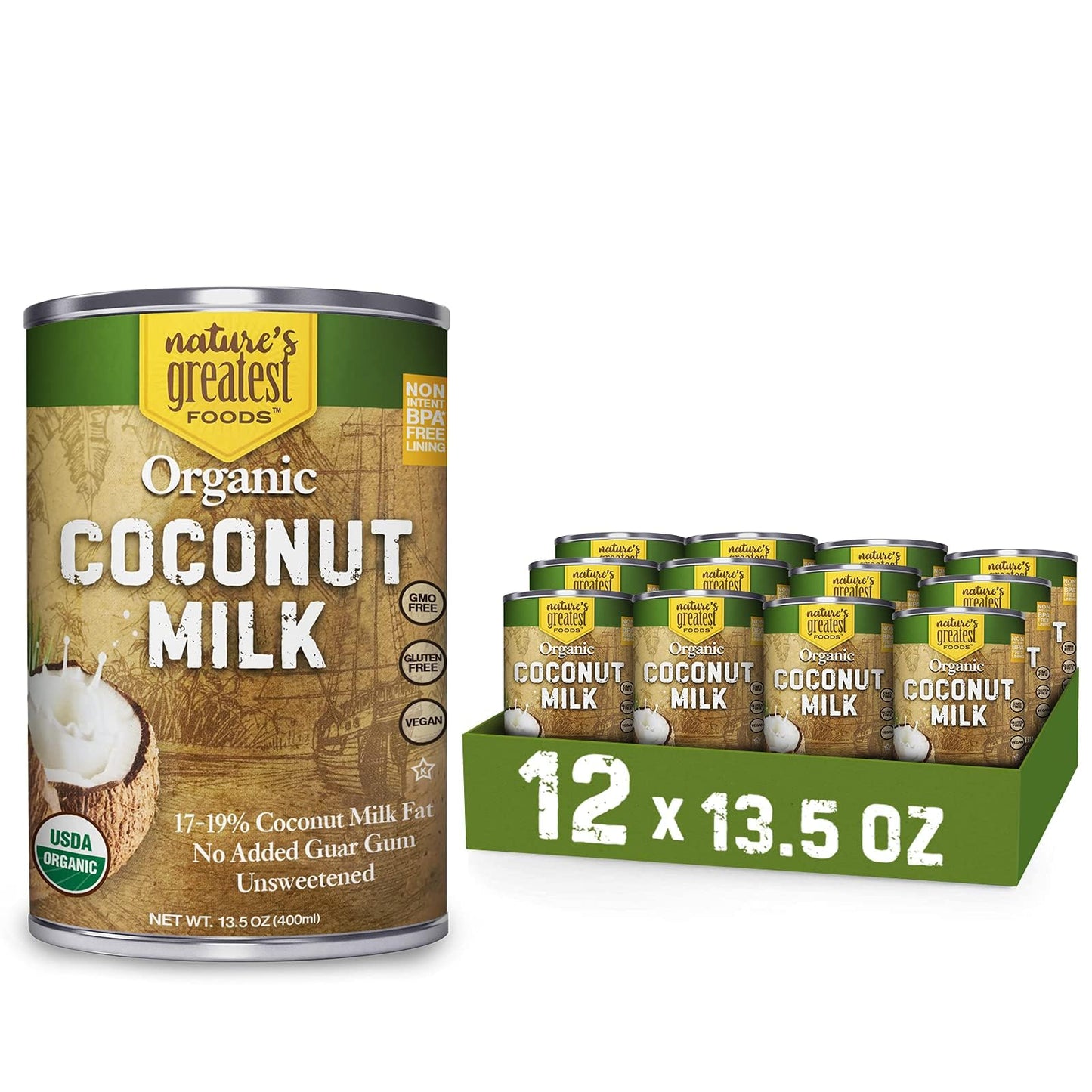 Natures Greatest Foods Organic Coconut Milk - Unsweetened, Gluten Free, Vegan - 13.5 Oz (Pack of 12)