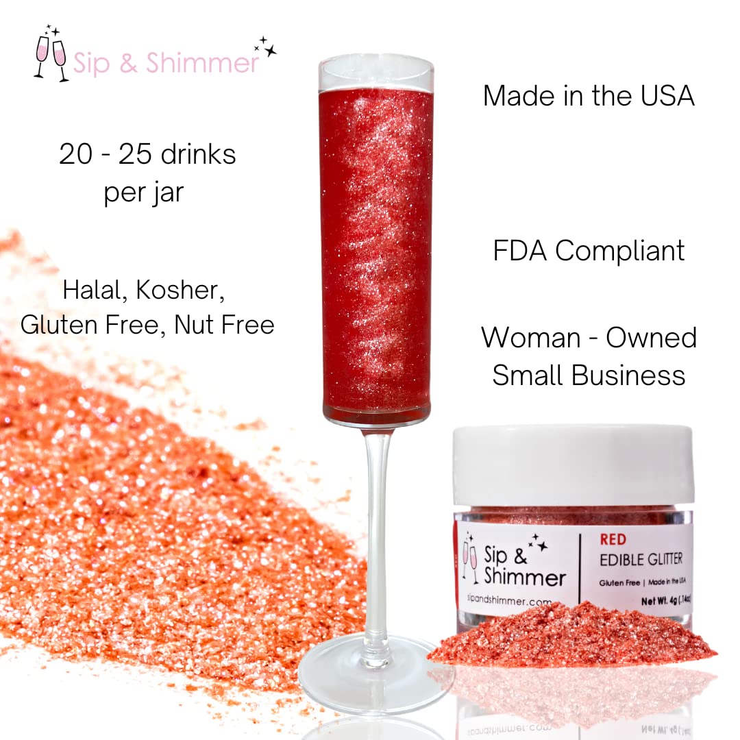 Sip And Shimmer Edible Glitter For Drinks – Drink Glitter For Cocktails, Wine, Champagne, Beverages – Food-Grade Cocktail Glitter Made In Usa – Kosher, Nut-Free, Gluten-Free – Red Drink Glitter