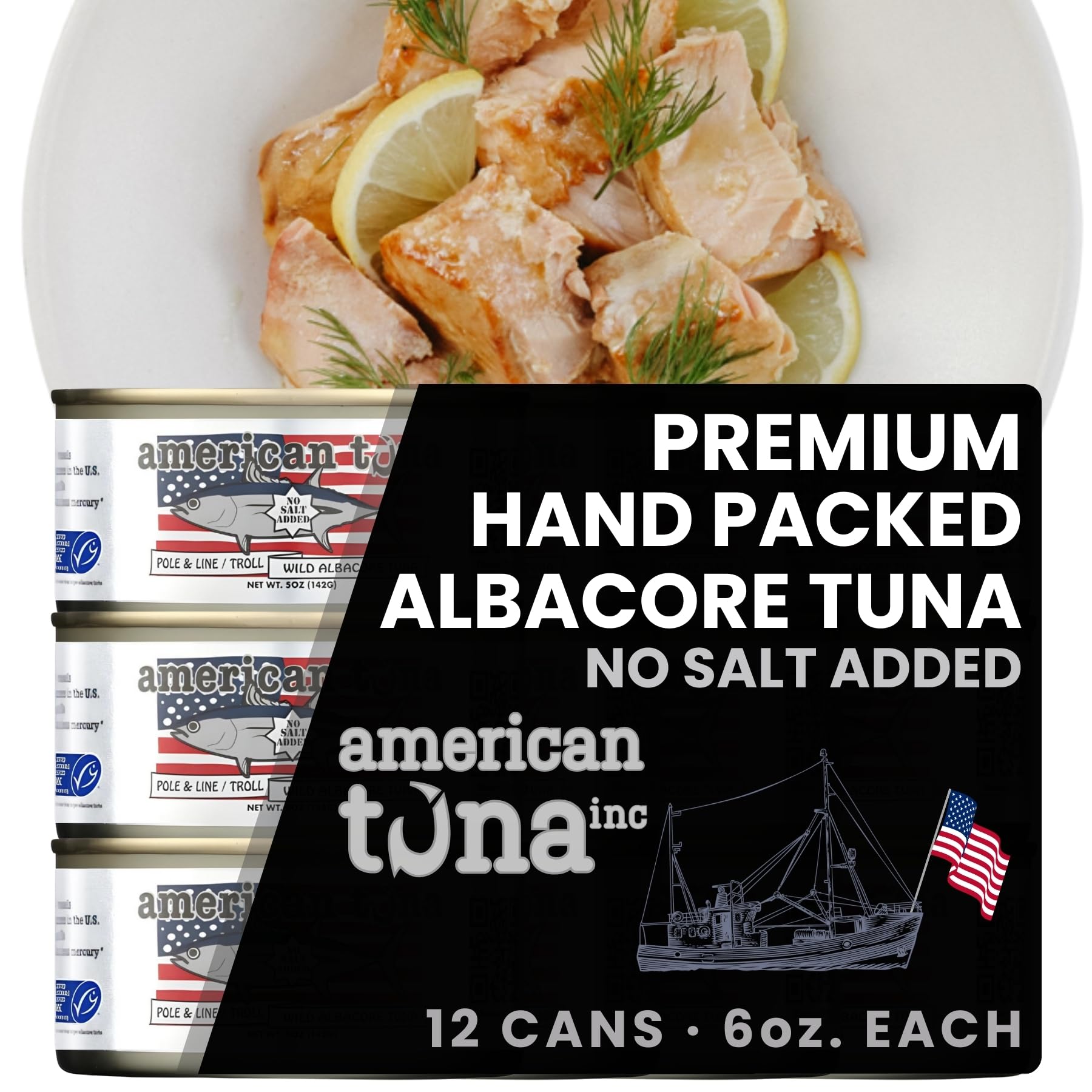 American Tuna Sushi-Grade Wild Albacore Tuna Fish - No Salt Added, Wild Caught, Msc Certified, Pole Caught | (12) 6 Ounce Cans | Super Enhanced Canned Tuna For Health And Flavor Enthusiasts!