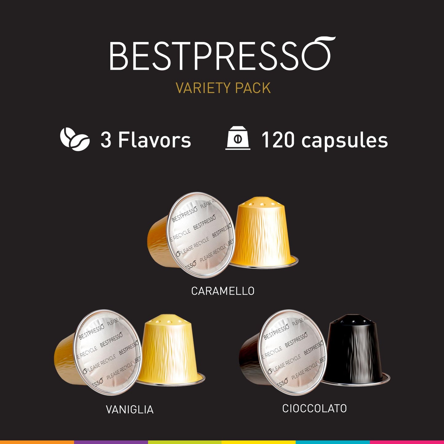 Bestpresso Coffee Pods for Nespresso Original Machine, Variety Pack of 120 Aluminum Pods, Includes Caramel, Vanilla, and Chocolate Flavors