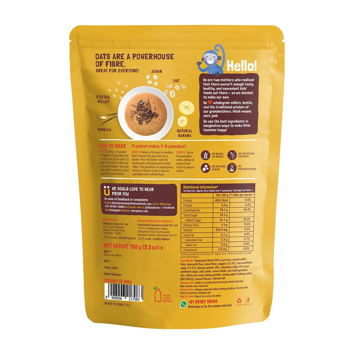 Slurrp Farm Instant Breakfast Millet Pancake Mix, Banana Choco-Chip, Supergrains And Chocolate, Natural And Healthy Food, 100% V