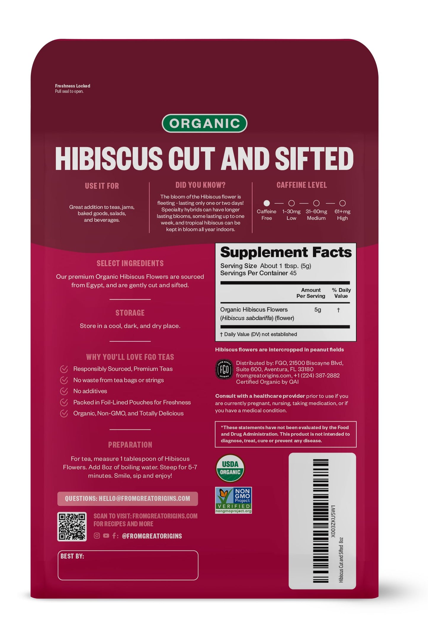 FGO Organic Hibiscus Flowers Loose Tea, Cut and Sifted, 8oz Resealable Bag